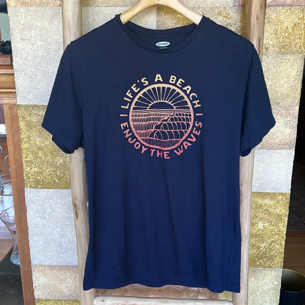 Old Navy Boys Beach Navy Blue Scoop Neck Graphic T-Shirt, Size Large